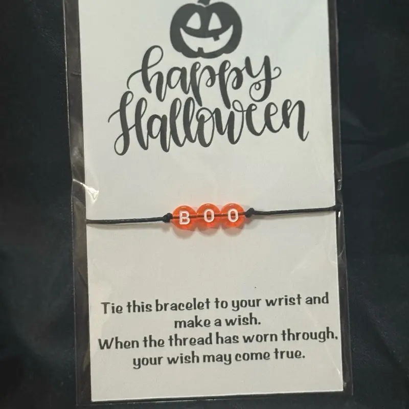 Halloween "BOO" Wish Bracelet Spooky Season Jewelry Handmade Black Cord Friendship Bracelet for Trick or Treat Party Favors
