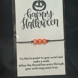 Halloween "BOO" Wish Bracelet Spooky Season Jewelry Handmade Black Cord Friendship Bracelet for Trick or Treat Party Favors