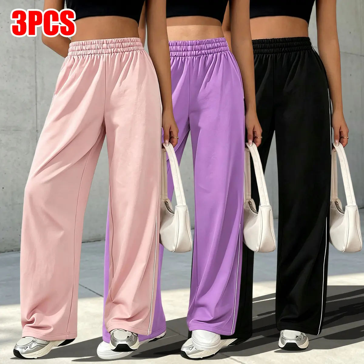 Three-piece women’s casual athletic pants: Minimalist straight-leg sweatpants|Casual, comfortable athleisure bottoms made from stretchy athletic fabric, loose fit, available in multiple colors ideal for everyday wear, leisure activities, streetwear botto