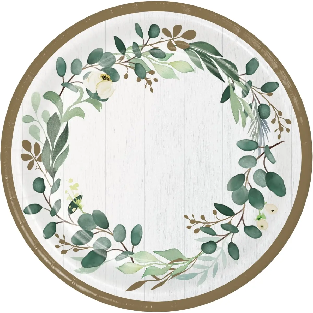 Disposable 10 inches Eucalyptus Banquet Plates - 96 Count, Green White and Gold Theme Disposable Tableware for Wedding, Festive Party Supplies with Eucalyptus Garland Compatibility