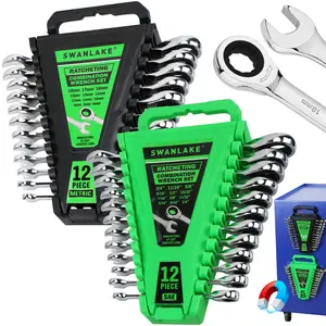 24-Piece Combination Ratchet Wrench Set, Metric (6-18mm) & SAE (1/4''-3/4'') Wrenches Set, 12-Point 72-Tooth Ratchet Spanners with Magnetic Base Organizer, Chrome Vanadium Steel for Auto Mechanic Tool