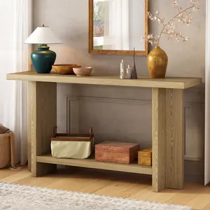 Vintage-Inspired Ash Wood Veneer Console Table with T-Leg Design, Entryway Table, Ideal for Entryway, Living Room, Study, Console Table Entryway