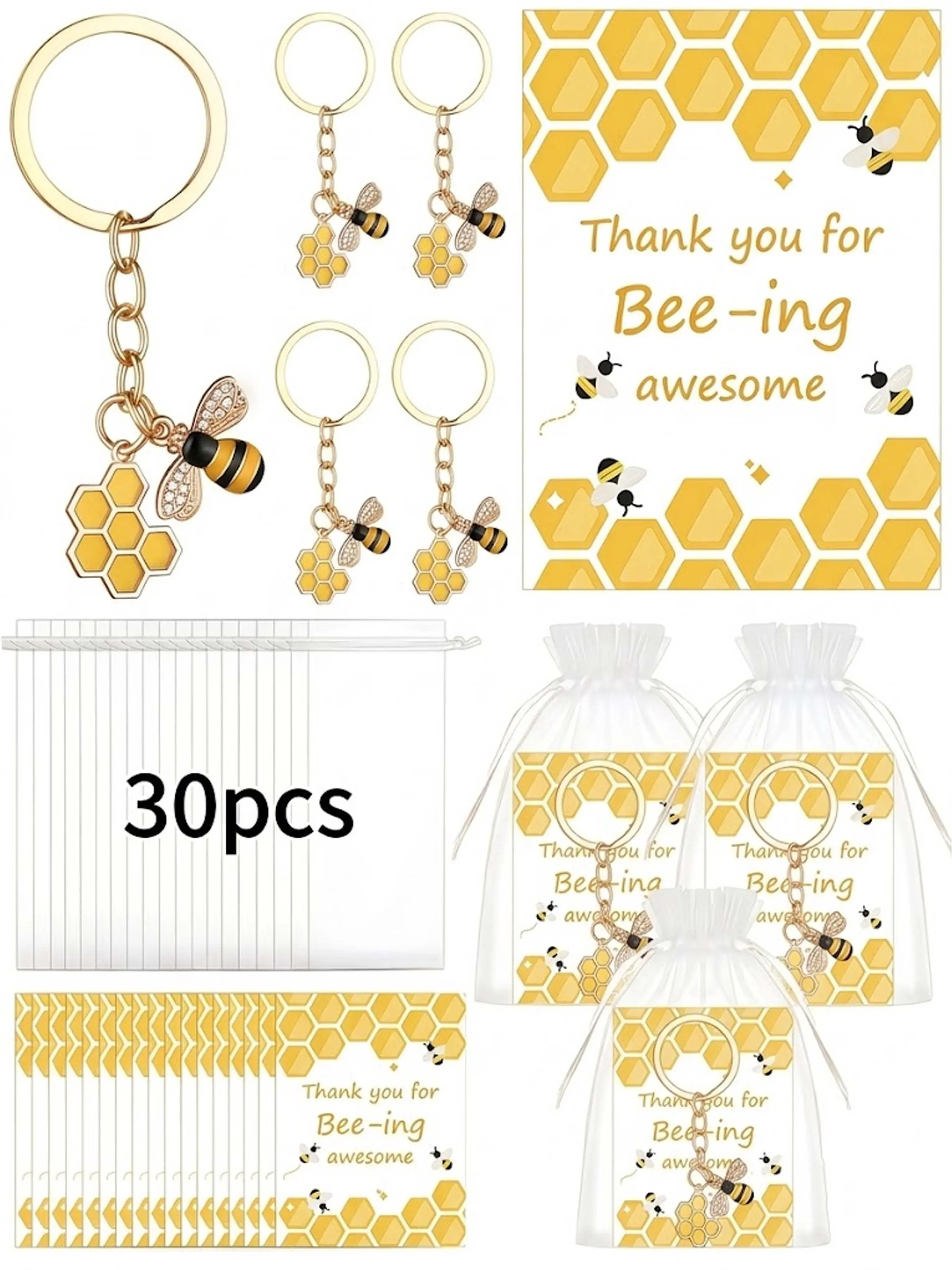 30-Pack Bee Keychains, Keychain for Bags, Keychain for Purse, Teacher Appreciation Gift Set, Metal Bee Pendant, Durable Zinc Alloy, Includes Thank You Card & Organza Bag, Keychain Cute