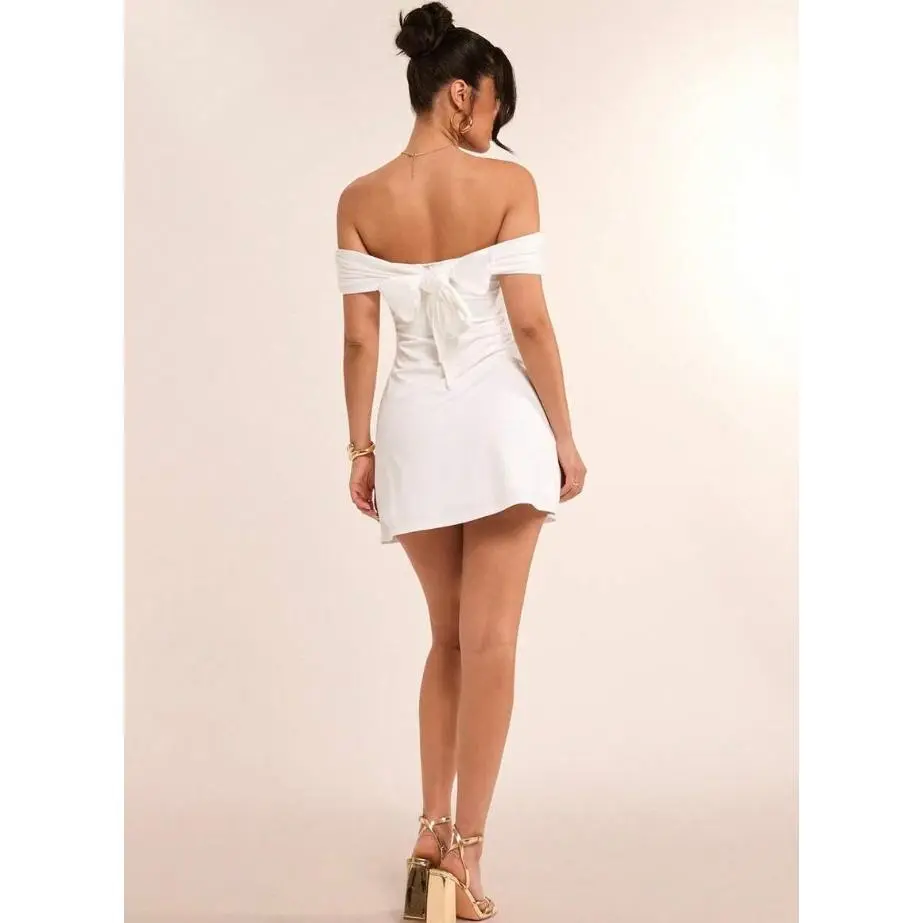 White Summer Elegant Seductive Tropical Cocktail Women's Off-Shoulder Back Bow Mini Dress,Backless Wedding Guest Bridal Shower Graduation Outfits