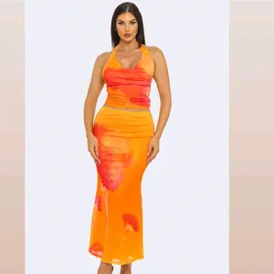 Tropicoqueta Set - Orange and Red Tie Dye Halter Top and Skirt Set for Women