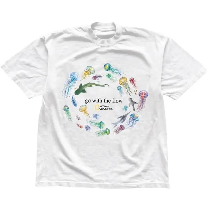 Sharks and Jellyfish 'Go With The Flow' T-Shirt, Ocean Shirt, Animal Tee, Gifts Shirt, Unisex Vintage Graphic Tees Gothic Grunge Y2k Emo Scene Amity Affliction Style Clothes Men Women Streetwear