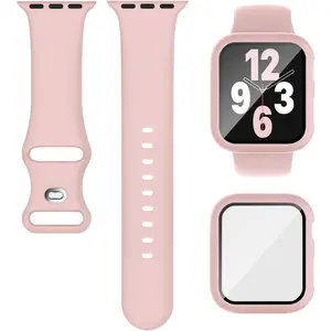 Compatible for Apple Watch Band 40mm 41mm 44mm 45mm and Case with Screen Protector, Soft Silicone Sport Strap Bands and Protective Cover with Tempered Glass for iWatch Series 9 8 7 SE 6 5 4
