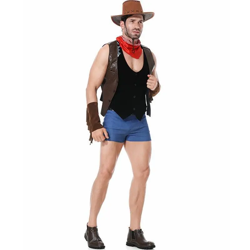 Men's Western Cowboy Costume Set with Embroidered Shirt, Faux Leather Vest, and Denim Trousers - Breathable Fabrics for Halloween Cosplay Party, Embroidery, Classic, Belt, Leather & Faux Leather