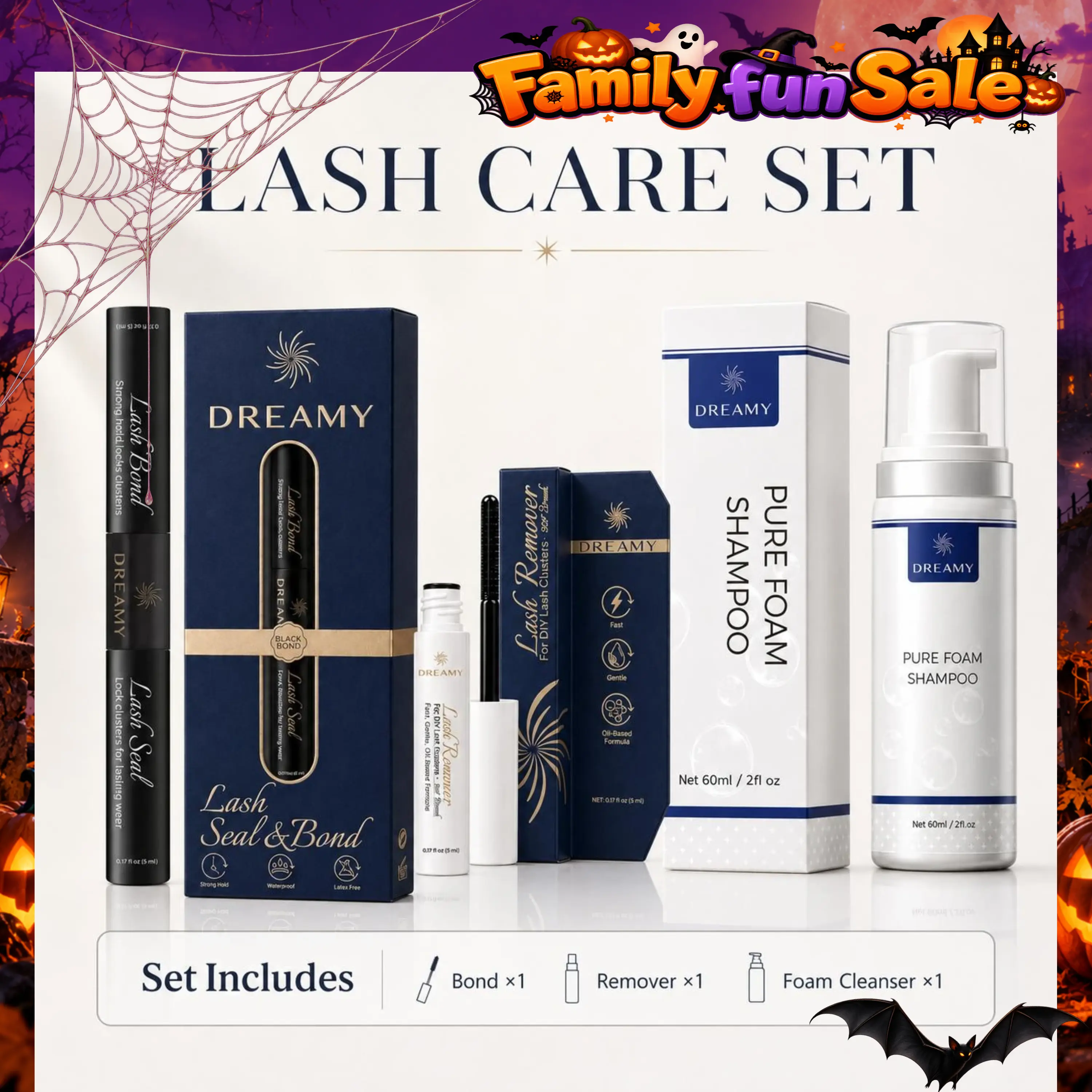 DREAMYBOND Lightweight Lash Care Cosmetic Tools 3-Piece Multi-Pack - Latex-Free, Odorless Kit with 2-in-1 Bond & Seal Lash Glues (Black & White), Black Bond + Remover + Foam Cleanser for DIY Cluster Extensions Cleansing