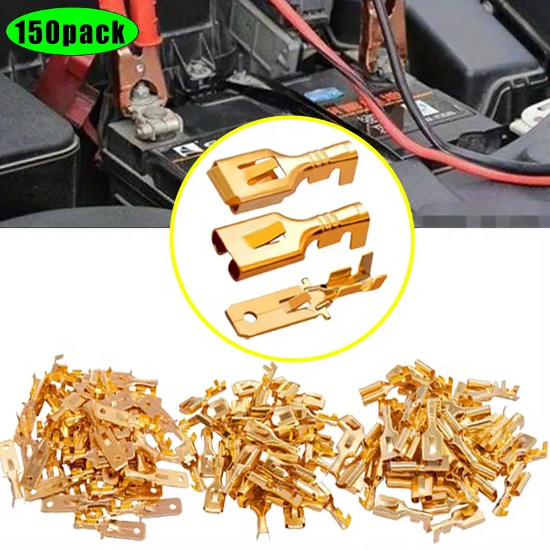 150Pcs 6.3mm (1/4in) Male-Female Spade Connectors Tool Kit N-005-6.3, Red Copper 16-14 Gauge Non-Insulated Crimp Terminals, 50pcs Female Quick Splice Terminals for Car Audio Remote Start, Easy-to-Use Good Conductivity Hand Tool, 16-14 Gauge Wire