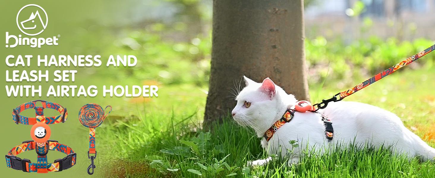 Cat Harness with Airtag Holder, Cat Harness and Leash Set Escape Proof for Walking Travel Outdoor, Soft Adjustable Kitten Harnesses for Small Medium Large Cats, Orange(Chest:."-")