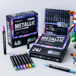12/24/48-color dual-tip straight liquid acrylic markers with dual ink reservoirs, featuring soft and hard dual tips, metallic-finish ink, This art-specific set allows for opaque layering without bleeding through paper. Art Supplies