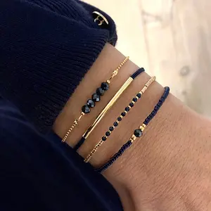 Fashionable Handmade Black Crystal Imitation Bracelet Set 4 Piece Handwoven Beaded Bracelet Collection Perfect for Adding a Touch of Glamour to Your Wrist and Elevating Your Accessory Game