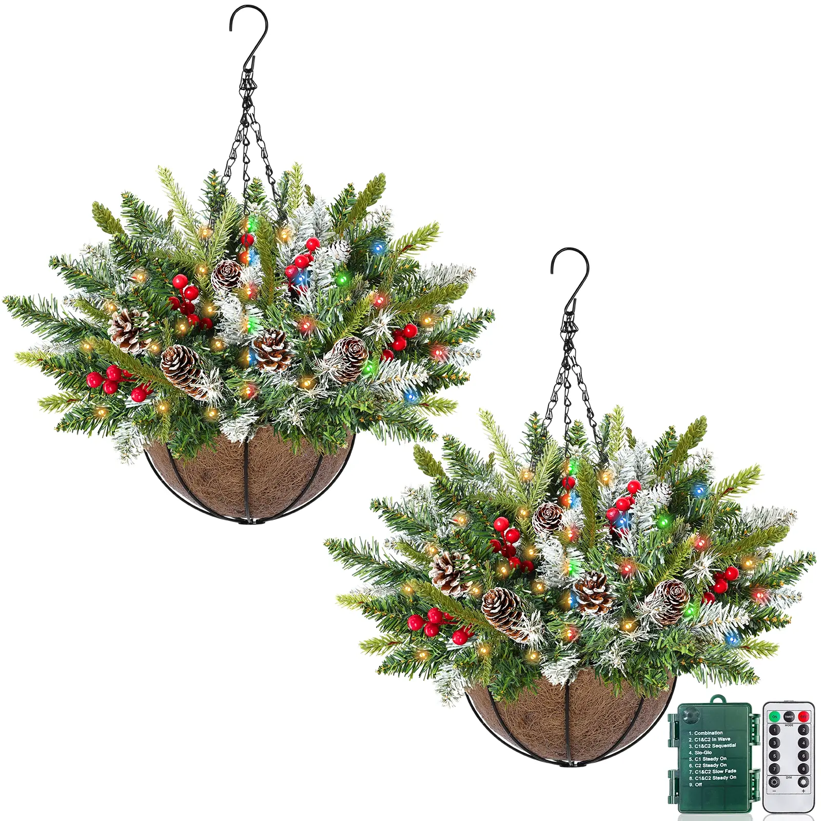 2-Pcs Artificial Christmas Hanging Baskets - Warm White & Multicolor LED, Timer 8 Modes, Snowy Norfolk Pine & Berries - Outdoor Patio, Front Door Decor, Yule Aesthetic Holiday Decoration Ornaments,home decor