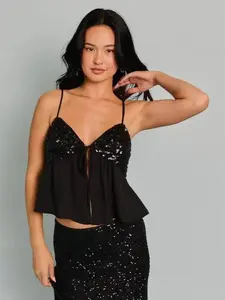 Sequin Chiffon Black Crop Top Comfort Womenswear