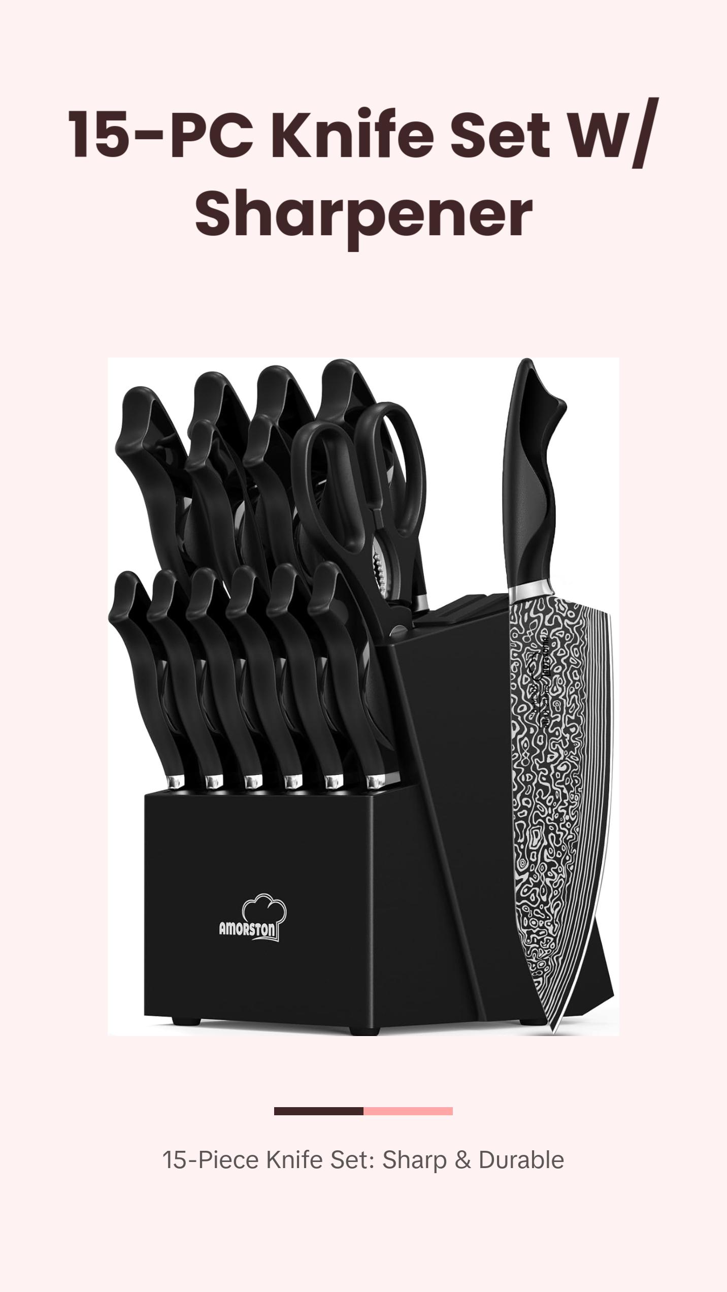 Amorston Knife Set 15 Pieces with Built-in Sharpener, High Carbon German Stainless Steel Knife Block, Dishwasher Safe Amorston Knife Set 15 Pieces with Built-in Sharpener, High Carbon German Stainless Steel Knife Block, Dishwasher Safe
