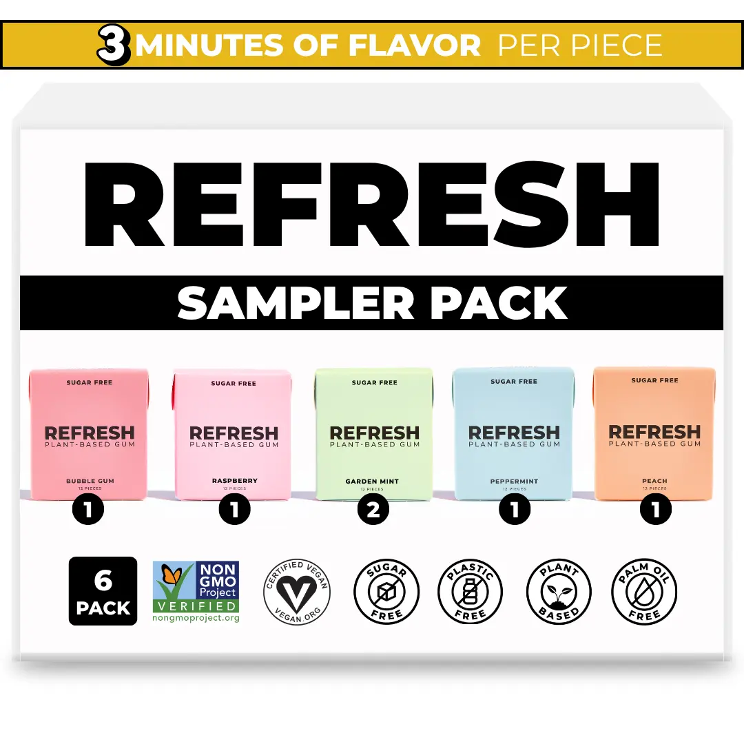 Refresh Gum Sampler Variety Pack Sugar Free Chewing Gum - Xylitol, Plant Based, Synthetic Free, Vegan & Non GMO Organic Natural Fruit Flavor