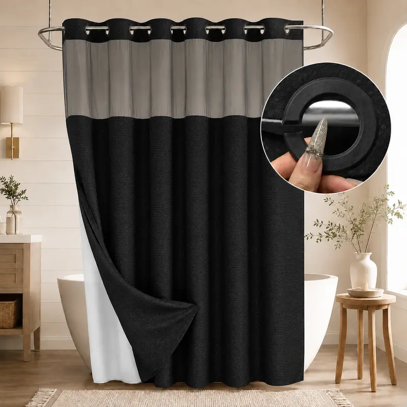 Double Layer Waffle-Pattern Shower Curtain - NoHook Snap-in Liner, Fabric Waterproof Inner & WashableWhite Outer Cloth, Modern Bathroom Accessory for Home/Hotel/Salon/Dorm, 72x75 Inch