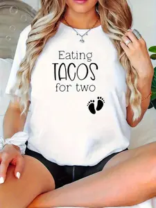 Plus Size - Plus Size - Plus Size Women'S Casual T-Shirt| White Eating Tacos for Two Footprints Print, Maternity Top for Pregnancy Announcement, Crew Neck, Slight Stretch Fabric