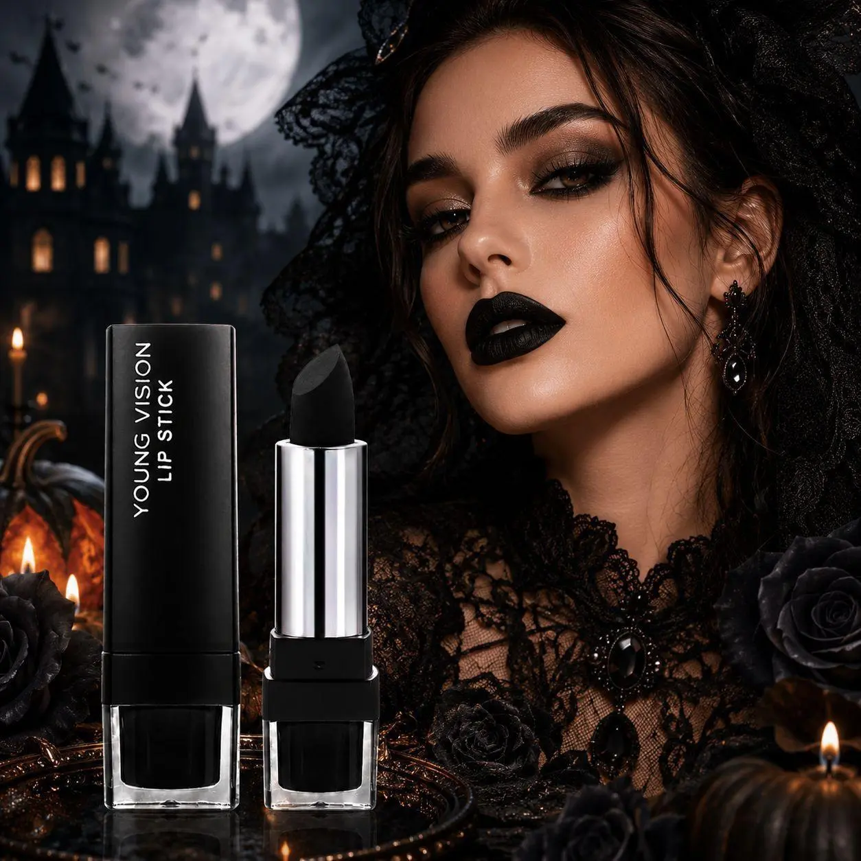 Gothic Halloween 4-Pcs Makeup Set - Pigment-Rich Eyeshadow, Velvet Matte Lipstick, Waterproof Lip Tint, Glitter Smooth Cosplay Lip Cosmetics, Full Coverage Foundation (White, Black, Dark Red, Brown Shades) for Gothic Night Parties, Foundation Full Coverag