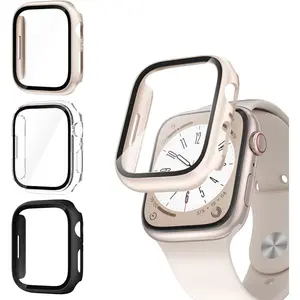 Apple Watch SE (2nd Gen)/SE/6/5/4 Screen Protector 44mm, [3 Pack] Hard PC Ultra-Thin Cover Built-in Tempered Glass Film for Apple Watch SE 2/SE/6/5/4 44mm, Black/Clear/Starlight