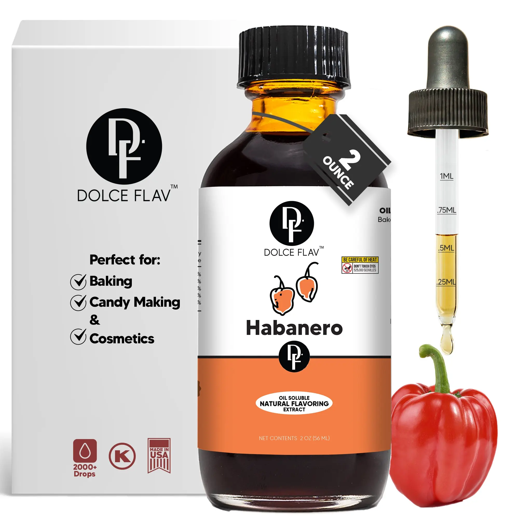 Dolce Flav Oil-Soluble Habanero Flavoring Extract 2oz - Spicy Blend for Baking Candy Cosmetics - Dye-Free Alcohol-Free Natural Flavoring