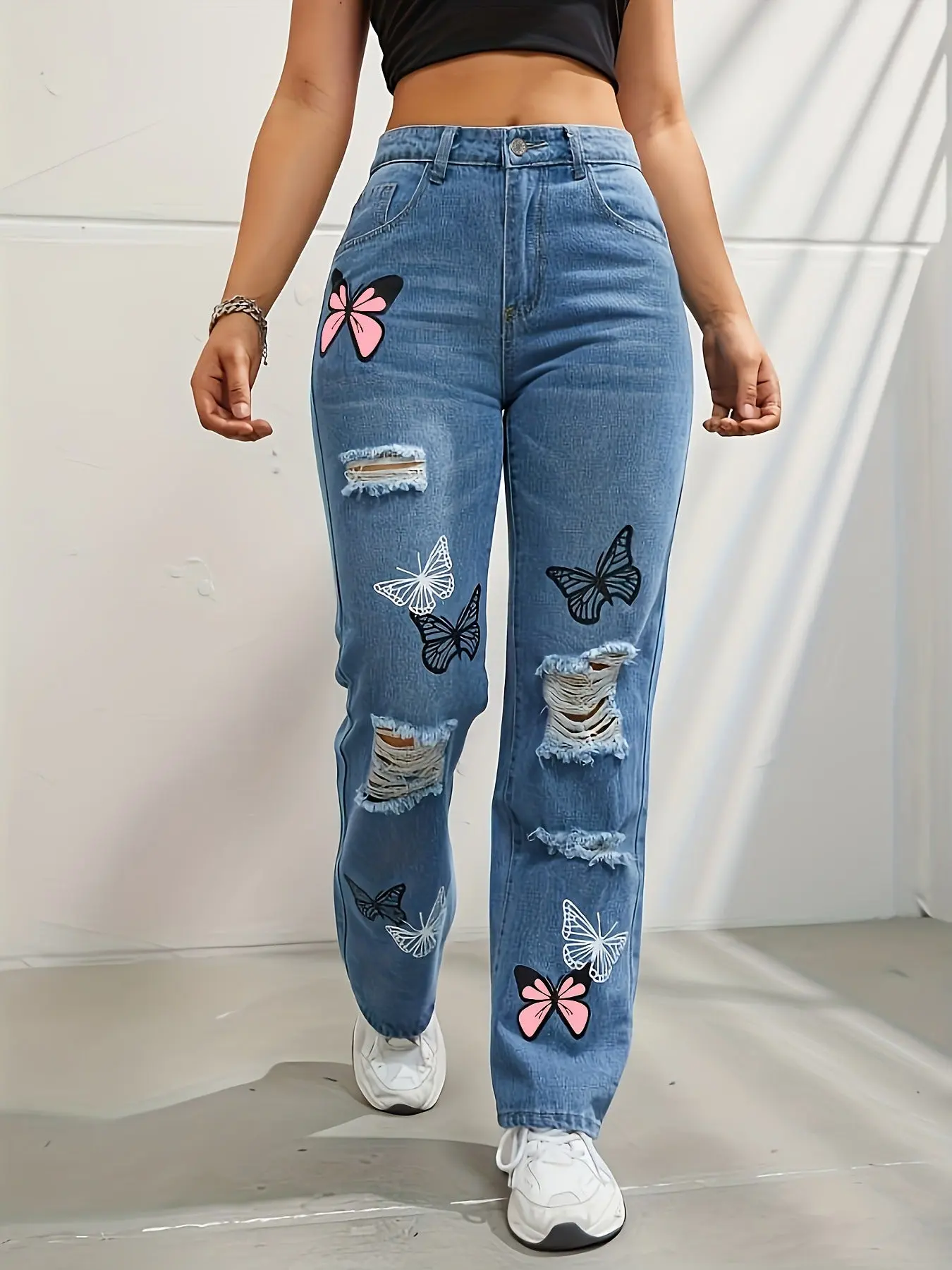 Women's Butterfly Print Jeans, High-Waisted Straight-Leg Cotton Denim Pants with Button Closure for Everyday Vintage Fashion, Bottoms, Casual, Stylish Women's Wear, Streetwear, Crop Top, Fabric, Style, Five Pockets Fit Womenswear