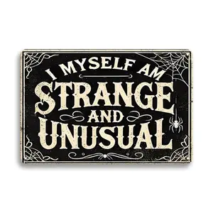 Vintage Metal Sign, I Myself Am Strange And Unusual Sign, Decorative Wall Hanging Art For Home, Living Room, Garden, Welcome Door Sign With Spider Web Accents