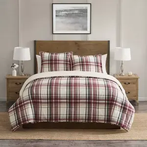 VCNY 3pc Full/Queen Plaid Cotton Reverse to Comforter Set Red: Hypoallergenic, Microfiber, Machine Washable