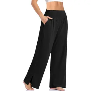 Women's wide leg yoga pants with adjustable waist, tie knot, casual and casual pants with pockets, stretchable clothing, women's loose sports pants, comfortable