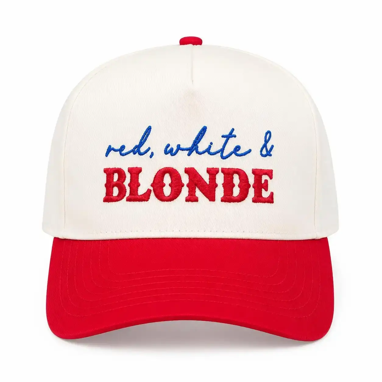 Red, White & Blonde Embroidered Adjustable Snapback Trucker Hat - Lightweight Casual Trendy Baseball Cap - Premium Fitted for 4th Of July, Labor Day