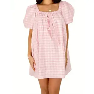 Women's Pink and White Plaid Mini Dress - Square Neck with Tie-Up Detail, Puff Sleeves, Loose Fit Casual Summer Dress for Daily Wear or Travel Minimalist Short Basic Comfort Womenswear