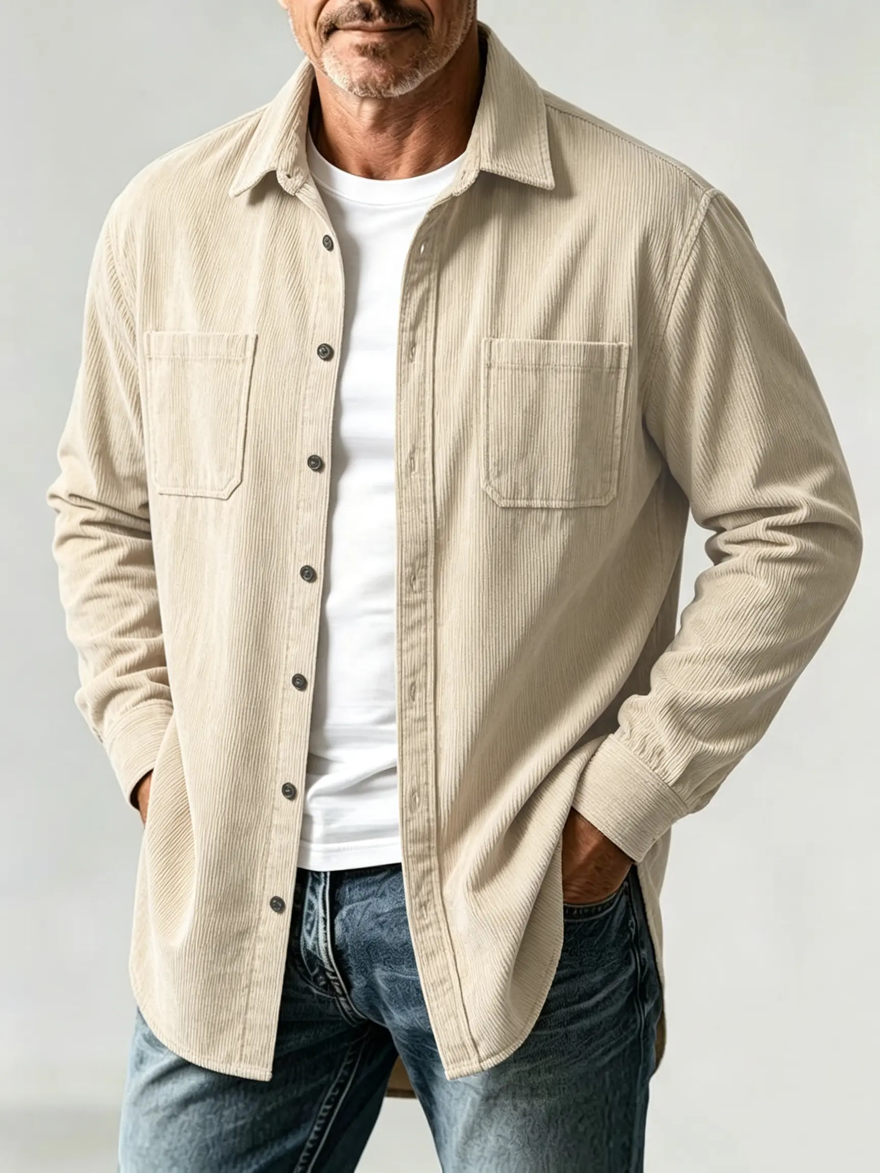 Men's Casual Long-Sleeve Corduroy Button-Up Shirt - 2-Pocket Overshirt for Daily Menswear Tops
