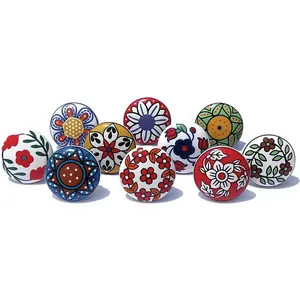 Vintage Multicolor Printed Ceramic Pull Knobs for Kitchen Cabinet, Door & Drawer, Wardrobe, Cupboard (Set of 10)