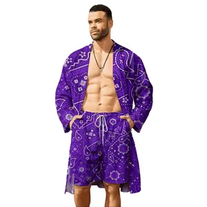 Floral Paisley Pattern Men's Long Cardigan and Shorts Set, Men's Top, Essential for Young Men, Spring/Summer Trendy Abstract Floral Print, High Quality and Durable, Casual and Stylish, Breathable and Comfortable, Fashionable and Cool