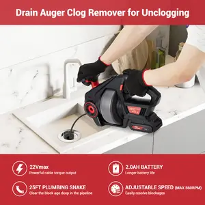 【GARVEE】Professional wireless electric drainage spiral drill - suitable for 25FT automatic water supply snake in bathrooms, washbasins, showers, and sewage pipes -2.0Ah battery, 22V power supply