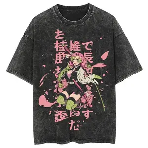 Men's Casual Short-Sleeve Cotton T-Shirt - Round Neck, Anime Demon Slayer Kanroji Mitsuri Print, Distressed Vintage Washed Harajuku Streetwear, Figure-Flattering All-Seasons Menswear Top, Shortsleeve, Tshirt
