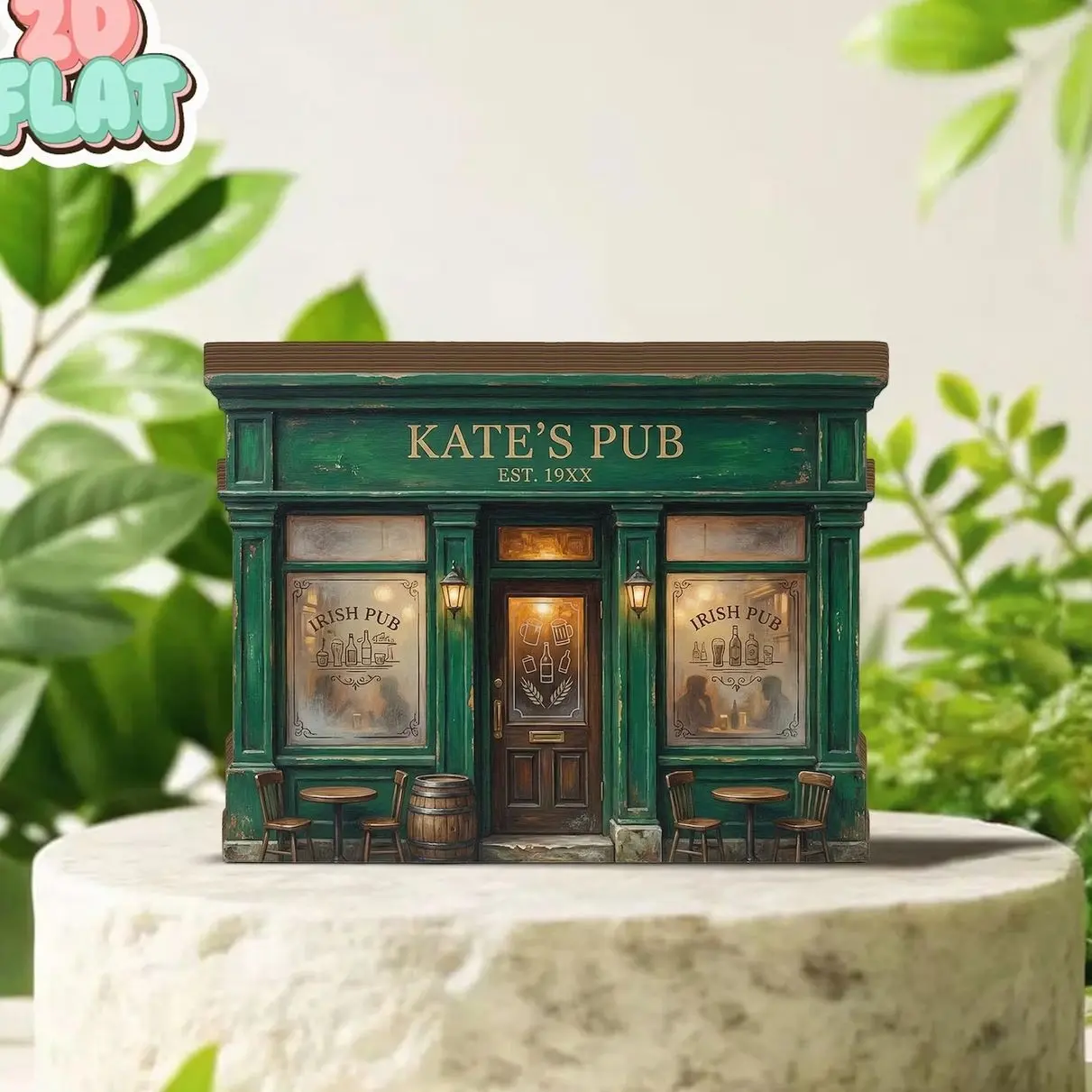 Personalized Irish Pub 2D FLAT Wooden Block Decor, Custom Pub Name Shelf Sign, Green Bar Book Nook Style, Irish Home Decor Gift