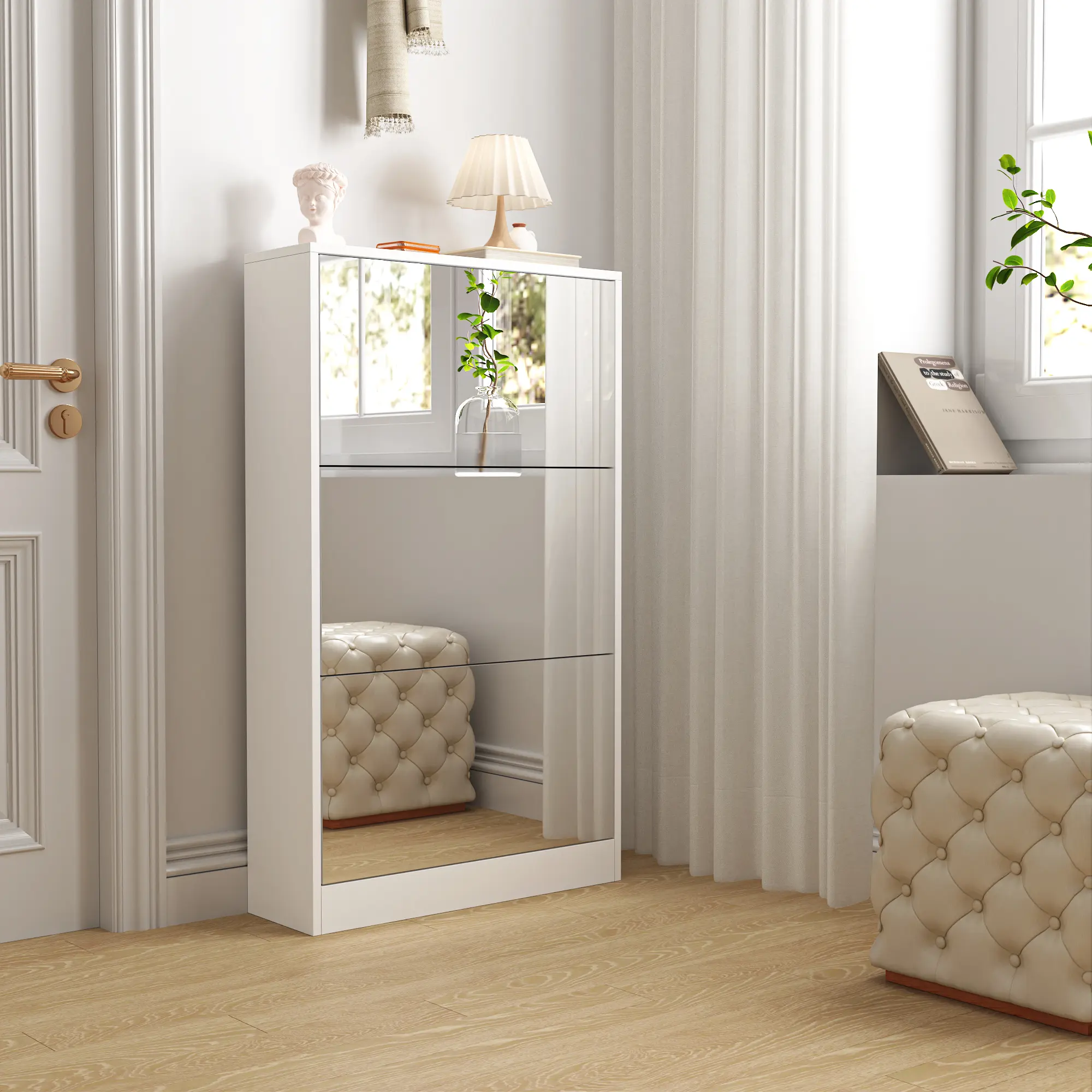 Modern Shoe Cabinet with Small Mirror Gap, Mirror Shoe Rack Storage Cabinet, 3 Flip-Up Drawers, Ideal for Entrance, Living Room, Dressing Room Organizer shoe rack organizer