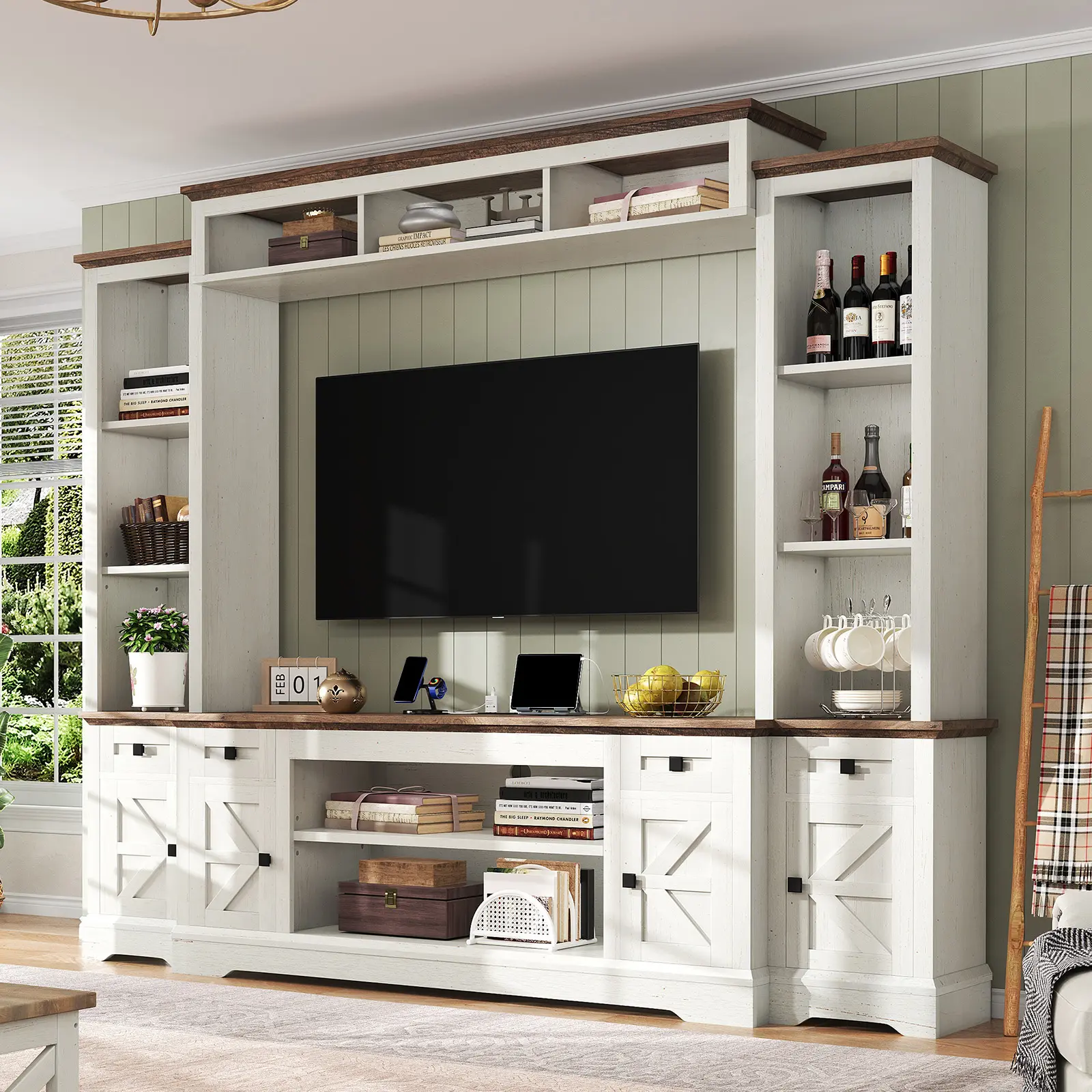 【Ships in 2 Boxes】[SummerSale] AMERLIFE Farmhouse 98" Wall Unit TV Stand with Storage Cabinets for TVs up to 78", Large Entertainment Center with Bookshelves & Power Outlets, Wine Display Cabinet with Barn Door, Living Room