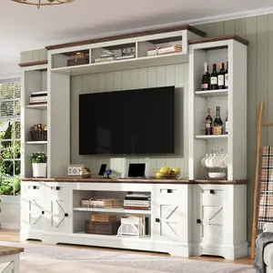 【Ships in 2 Boxes】AMERLIFE Farmhouse 98" Wall Unit TV Stand with Storage Cabinets for TVs up to 78", Large Entertainment Center with Bookshelves & Power Outlets, Wine Display Cabinet with Barn Door, Living Room