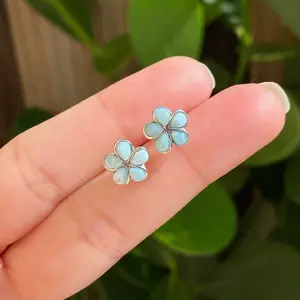 Sterling Silver Flower Earrings with Natural Larimar Gemstone