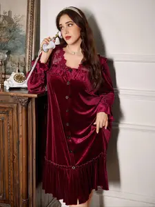 Women's Vintage Velvet Sleepwear, Plus Size Palace Style Lace Patchwork Flounce Open Front Long Dress, Fall Winter Nightgown Loungewear