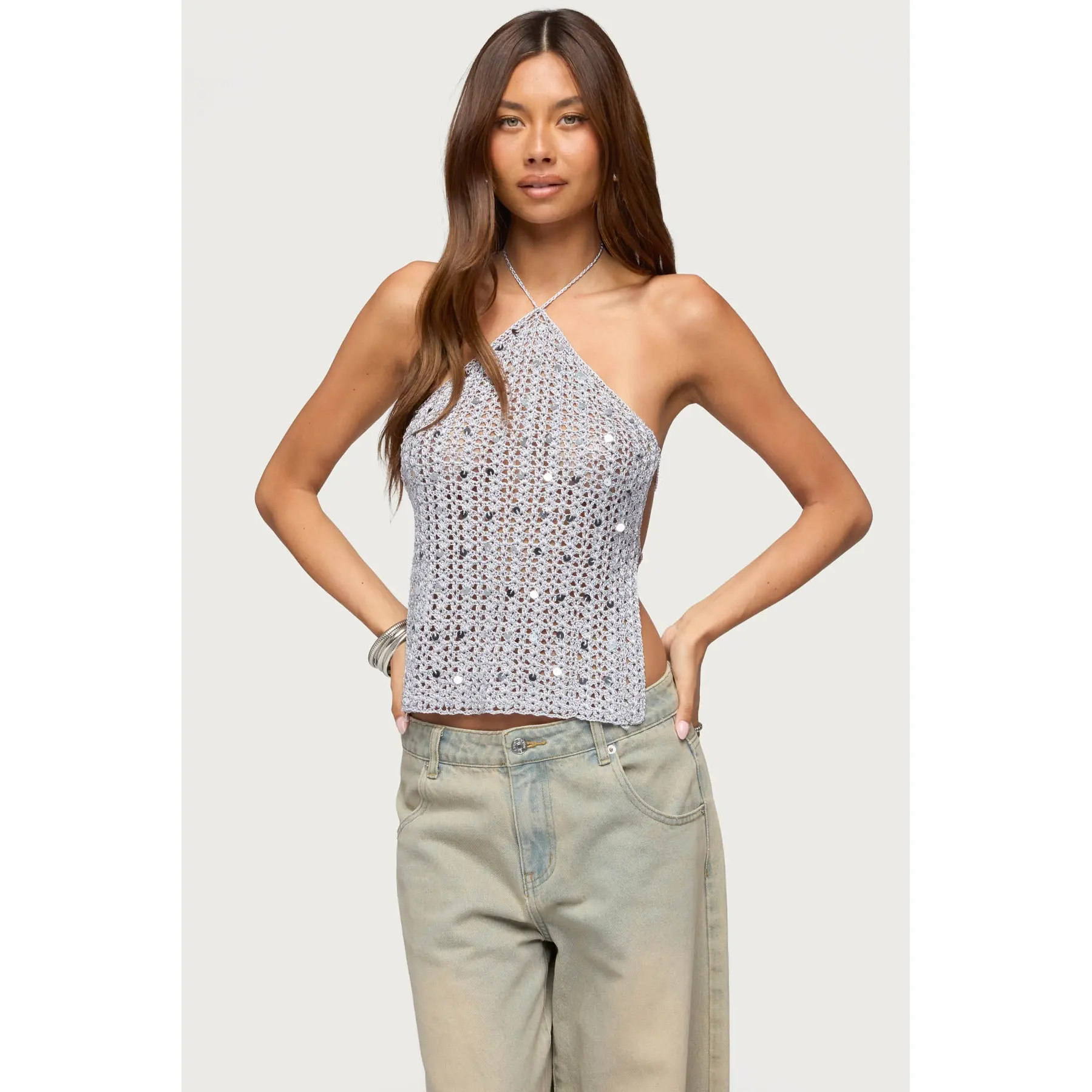 Thaly Backless Sequin Crochet Halter Top