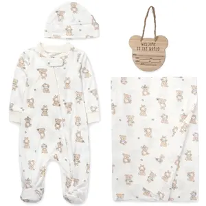 Baby Essentials Newborn Baby 4 Piece Coming Home Outfit Gift Set – Footie Sleeper, Blanket, Headband & Ornament for Boys & Girls