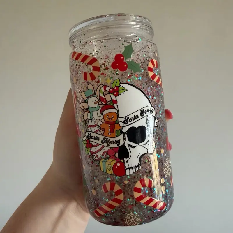 16oz Acrylic Festive Tumbler "Kinda Merry Kinda Scary" with Skull and Candy Canes Glitter Christmas Design