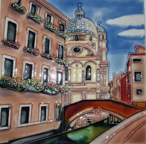 Continental Art Center BD-2120 Handcrafted Ceramic Art Tile, 8x8 in Venice with Pink Building Design, for Wall Decor