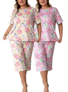 Plus size floral pajama set is made of smooth milk silk, stretchy and breathable for all seasons. Loose fit ensures comfy wear. With pretty watercolor prints, it’s perfect for pajama parties, girls’ nights and daily lounging.