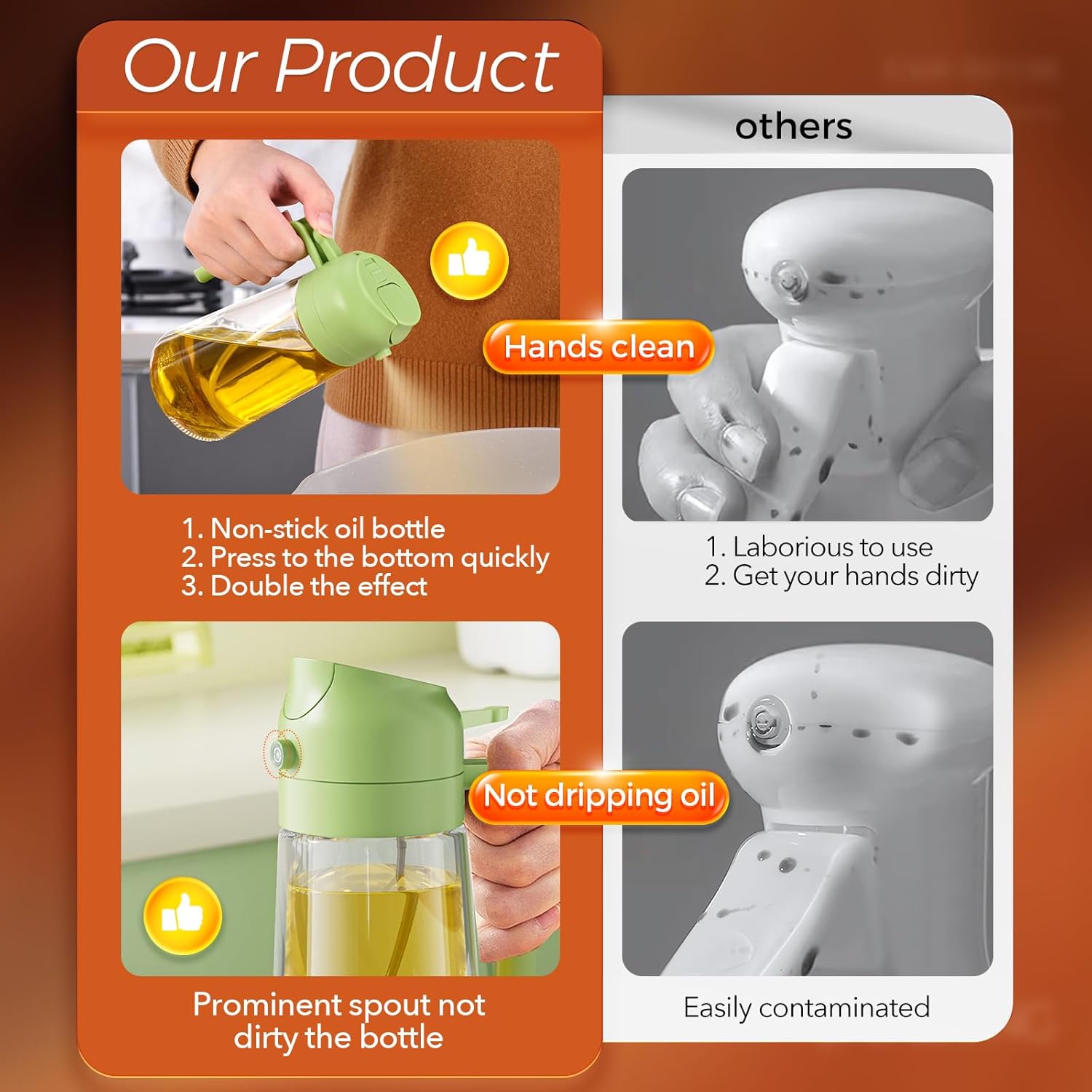 3 Piece Glass Oil Bottle Set Spray Pour Dual Function Gravity Auto Open Close Drip Proof Oil Proof 3D Wide Angle Spray Precise Control White Black Green Kitchen Tools