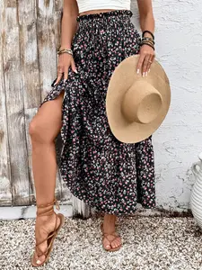 Women's Casual Feminine Ditsy Floral Long Dress, Elastic Waist, Faux Drawstring, Ruffled Hem, Perfect for Leisure Wear, Ladies' Fashionable Bohemian Skirt, Boho